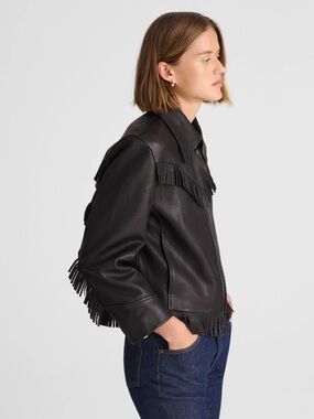 Madewell x Alexa Chung Black Leather Fringe Zip Jacket
